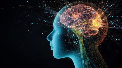 Side view of a human head with glowing neurons connecting the mind to alternate realities, showcasing spiritual and meditative states.