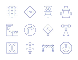 Road icons. Thin Line style, editable stroke. end, turn left, traffic lights, highway, stop sign, directions, narrow bridge, toll, traffic light, road sign, speed radar