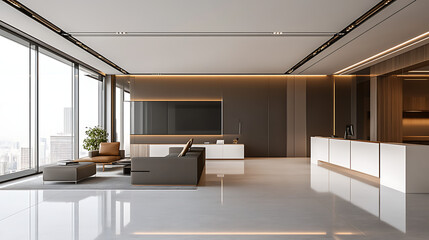 Contemporary minimalist office design with smooth lines, minimal furniture, and large open spaces, emphasizing simplicity and functionality in a bright, airy atmosphere. 