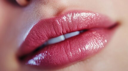 Fototapeta premium Detailed close-up of smooth, glossy pink lips, focusing on their perfect texture and allure, ideal for beauty, makeup, or skincare advertising.