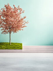 Obraz premium A vibrant pink blossoming tree in a modern setting with green grass and steps against a blue wall