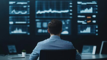 Business executives and engineers sitting in a roundtable, analyzing industrial data, graphs, and costperformance metrics displayed on a large digital board