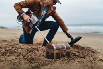 A man is digging in the sand with a metal detector