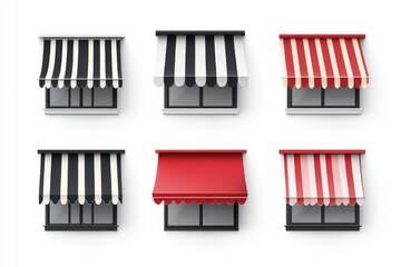 Four colorful awnings with various designs and patterns