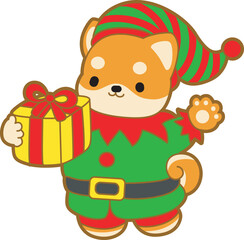Cute puppy kawaii christmas dog lovely animal vector icon. Fluffy Shiba Inu christmas stickers. Santa doggy