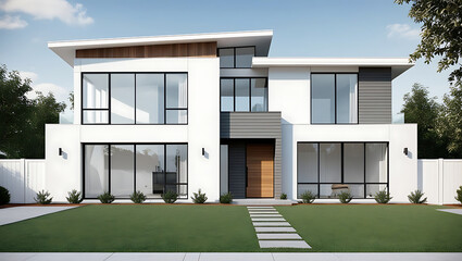 Fototapeta premium View of luxurious modern house exterior with dining space and garden.