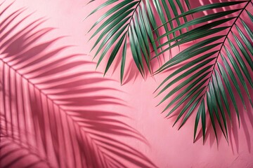 Palm leaf shadows on pink wall background, wide-angle shot