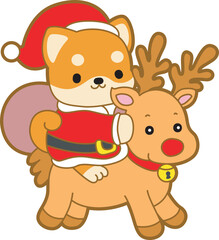 Cute puppy kawaii christmas dog lovely animal vector icon. Fluffy Shiba Inu christmas stickers. Santa doggy