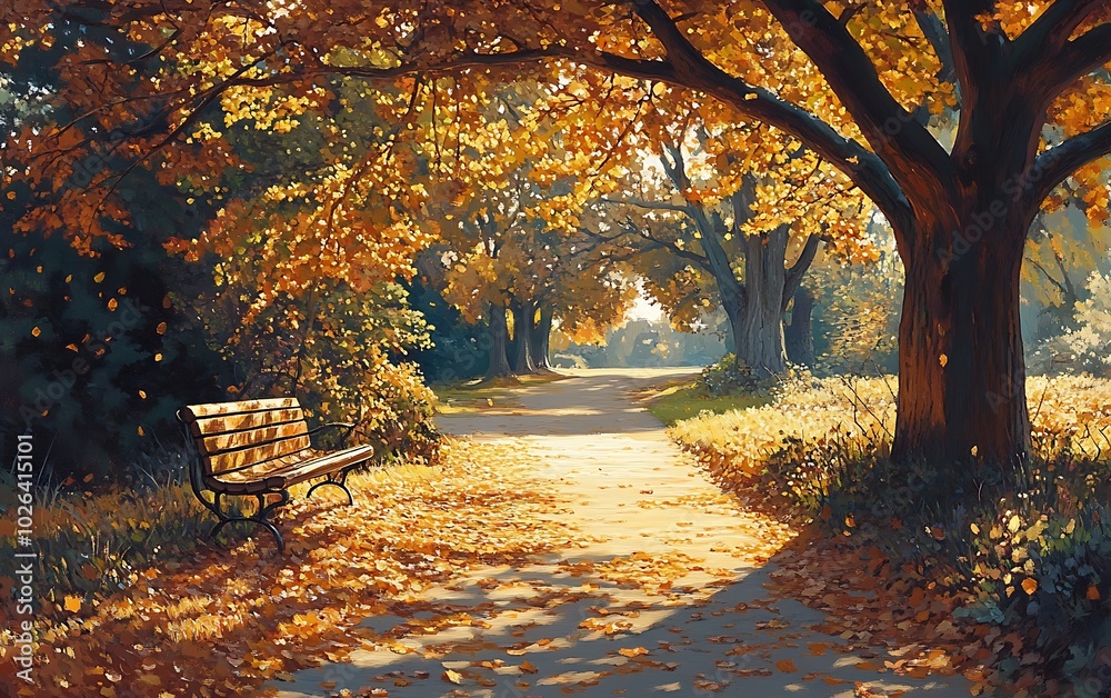 Poster a tranquil path in autumn, lined with trees bursting with orange leaves and a solitary bench invitin
