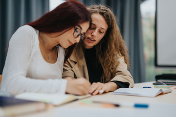 Two students working together in a classroom setting. They are focused on their notes and collaborating to enhance their learning experience.