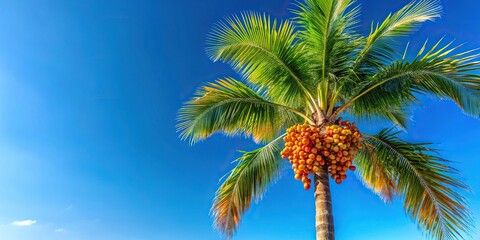 palm tree with colorful seeds and clear sky in summer background