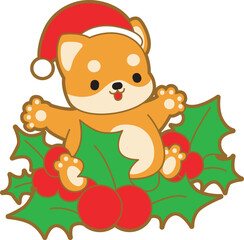 Cute puppy kawaii christmas dog lovely animal vector icon. Fluffy Shiba Inu christmas stickers. Santa doggy