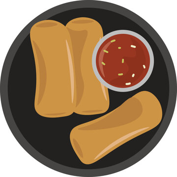 egg rolls with sauce on black plate clip art preview
