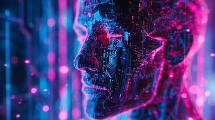 Futuristic ai head with circuit patterns, surrounded by neon lights in a cyberpunk atmosphere