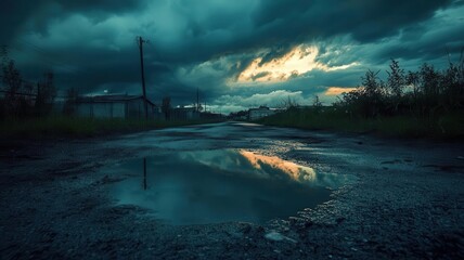 Obraz premium Dark, stormy clouds reflecting in a puddle, foreboding, emotional turbulence