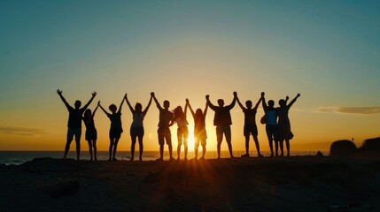 Fototapeta premium Silhouette of friends holding hands at sunset, celebrating unity, joy, and shared success together.