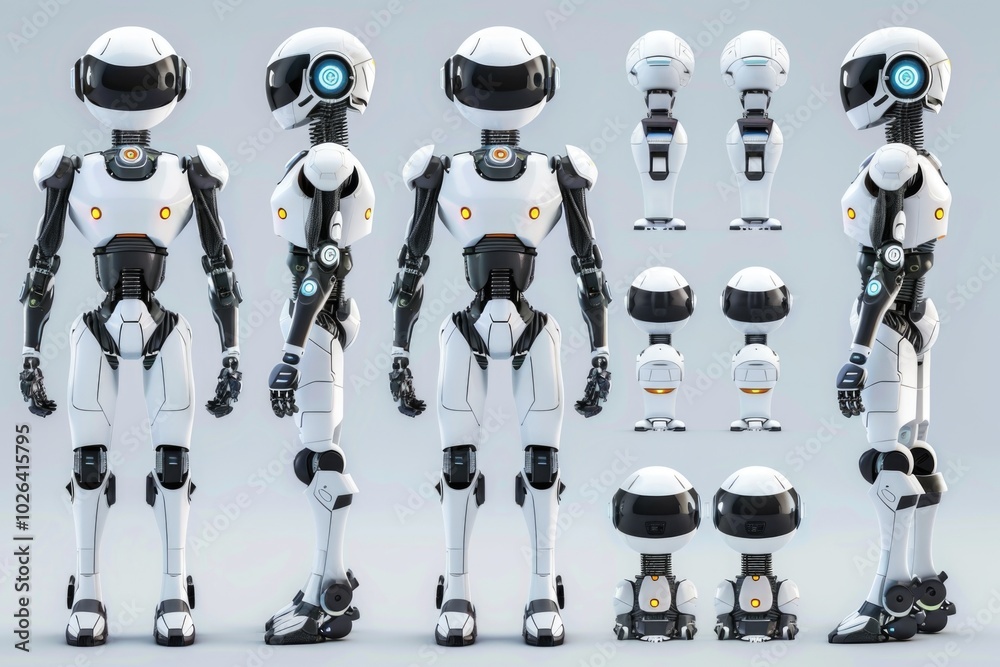 Poster a group of robots standing side by side, possibly in a factory or storage setting