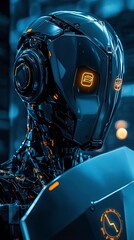Fototapeta premium Futuristic black robotic head with glowing details