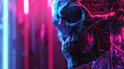 Surreal ai head with intricate circuit patterns illuminated by neon blue and pink lights
