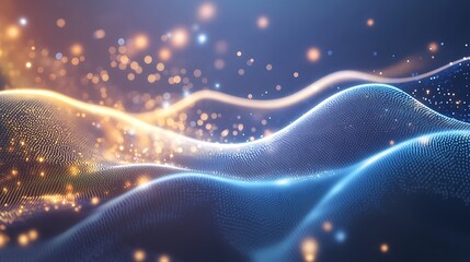 A dynamic wave of light and particles flowing through a digital space, representing connectivity and advanced technology.