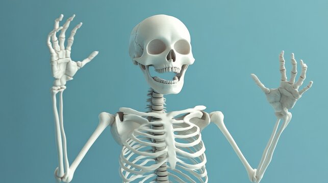 A skeleton is shown with its arms raised and its mouth open