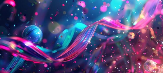 High-Energy Abstract Birthday Background with Neon Ribbons, Metallic Confetti, and Glowing Orbs
