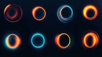 Naklejka premium Abstract glowing colorful circles on a dark background. Bright circular shapes with neon effects in varying sizes and colors, including red, orange, and blue hues.