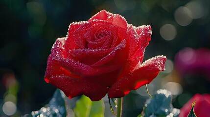A close-up of a bright red rose in full bloom, with dewdrops glistening on its petals