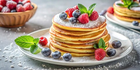 Pancakes topped with fresh berries, mint, powdered sugar, and maple syrup on a white plate
