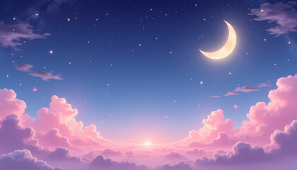 Serene night sky background with crescent moon and fluffy clouds for dreamy designs