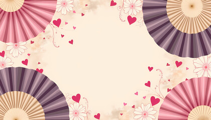 Lunar New Year background with decorative fans, hearts, and flowers for festive celebrations