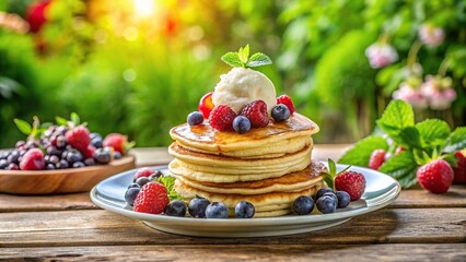Pancakes with fresh berries and ice cream in medium shot with summer garden background