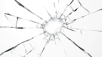 Obraz premium Large cracked glass isolated on a white background, featuring sharp, jagged lines spreading out from a central impact point