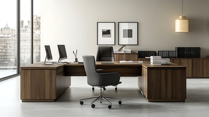 Modern office setup with sleek wooden desks and ergonomic chairs arranged in a clean, minimalist layout, providing a comfortable and functional workspace. 