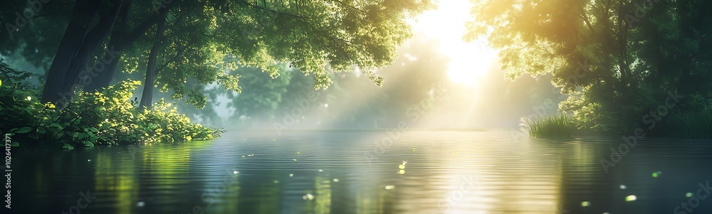 Aufkleber a serene landscape featuring a tranquil water body surrounded by lush greenery and soft sunlight fil