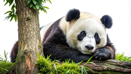Fototapeta premium Panda napping under tree isolated on white Long Shot