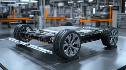 Fototapeta premium Manufacturing of lithium-ion battery modules for electric vehicles, focusing on clean energy and technological advancement