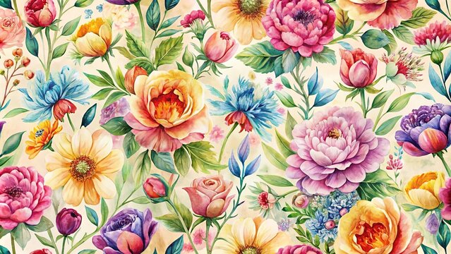 Colourful floral seamless pattern with light background watercolour painting of ballota flower Depth of Field