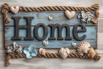 The inscription "Home" on a wooden background. 3D heart, flowers, ropes and shell decorations are scattered throughout the picture. Warm home atmosphere of comfort and love 