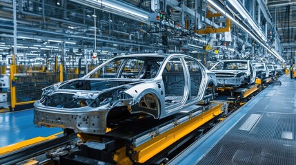 Naklejka premium Modern automotive plant with sleek car frames moving along an assembly line, illustrating the high-tech production process of the automotive industry.