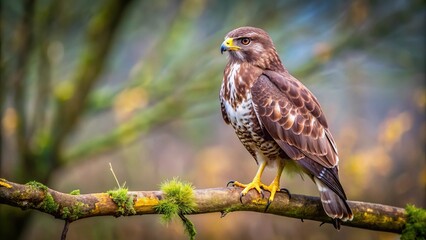 Common Buzzard Buteo buteo perched on a tree branch from a high angle view