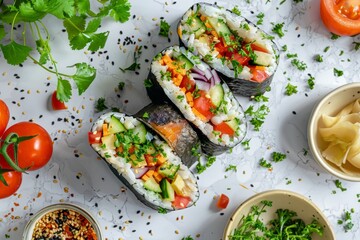 Vibrant sushi burritos with fresh vegetables