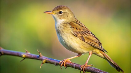 Common grasshopper warbler perched on a branch in soft focus with blurred background