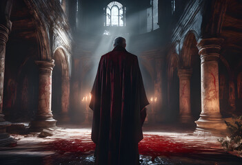 A male ghost in a priest's robe, covered in blood, stands in the middle of an abandoned temple with ancient paintings on the walls. Moonlight shines through the broken roof.