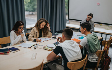 A group of students work together on academic assignments in a school library. They are focused, sharing ideas and resources to enhance their study experience.