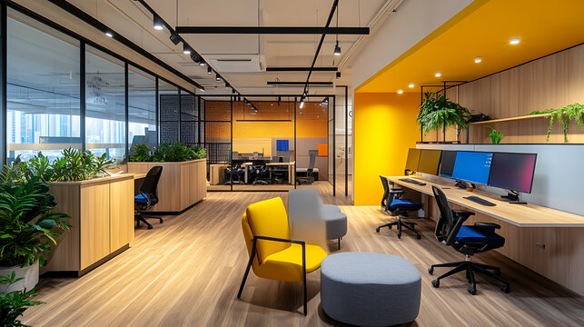 Professional office interior with a combination of private workspaces and collaborative areas, all set within a minimalist design with ample lighting and modern finishes. 