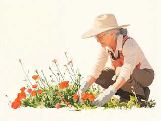 Senior woman gardening with flowers in a flowerbed outdoors