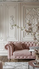 Chic art deco living room featuring pink tufted sofa and elegant stucco paneling design