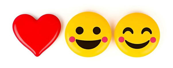 Fototapeta premium Three yellow emoticons displaying various expressions, accompanied by a vibrant red heart symbolizing love and affection