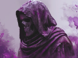 Dark hooded figure with a skeletal face shrouded in purple fabric, evoking mystery and fear